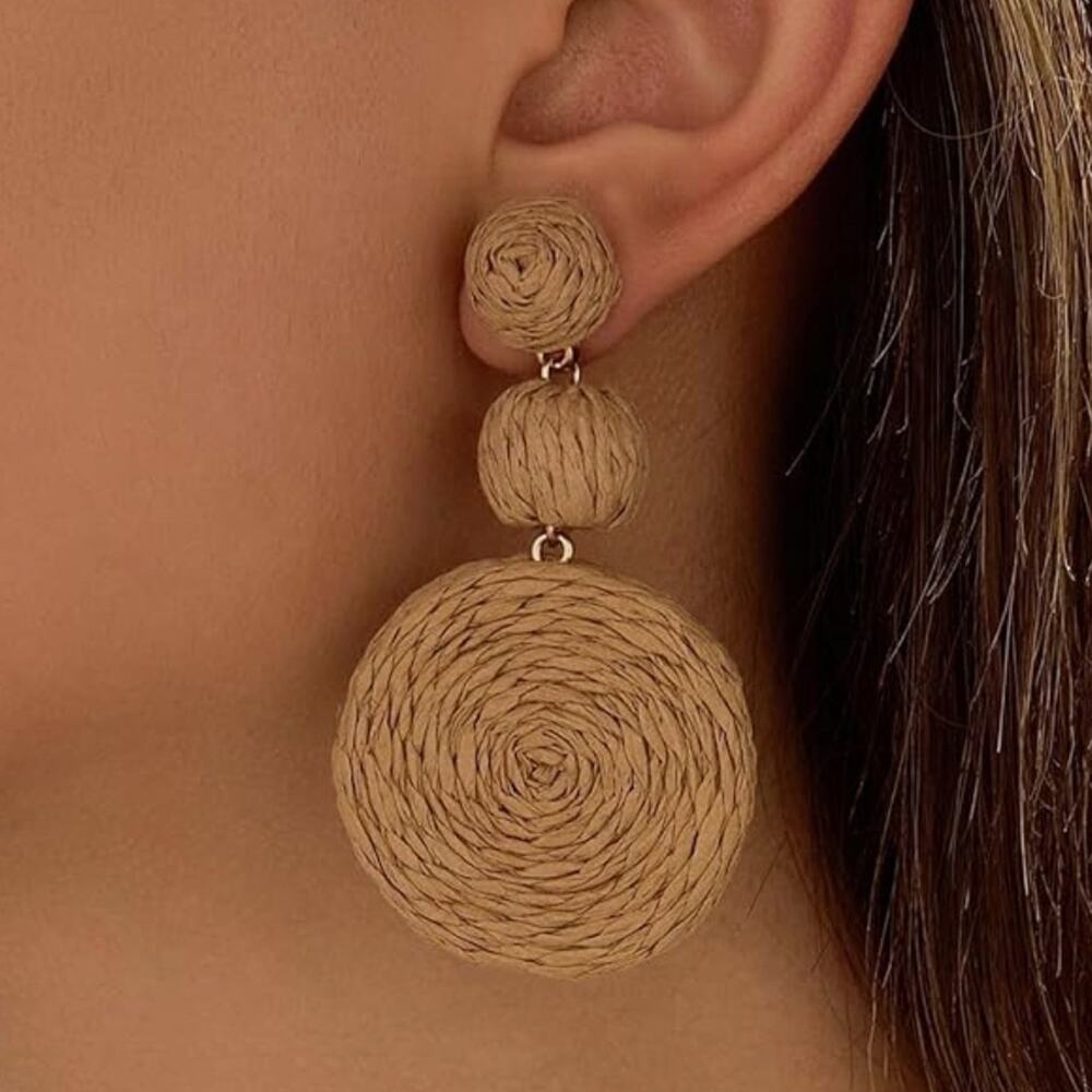 Natural Raffia Circle Drop Earrings - Picture 3 of 3
